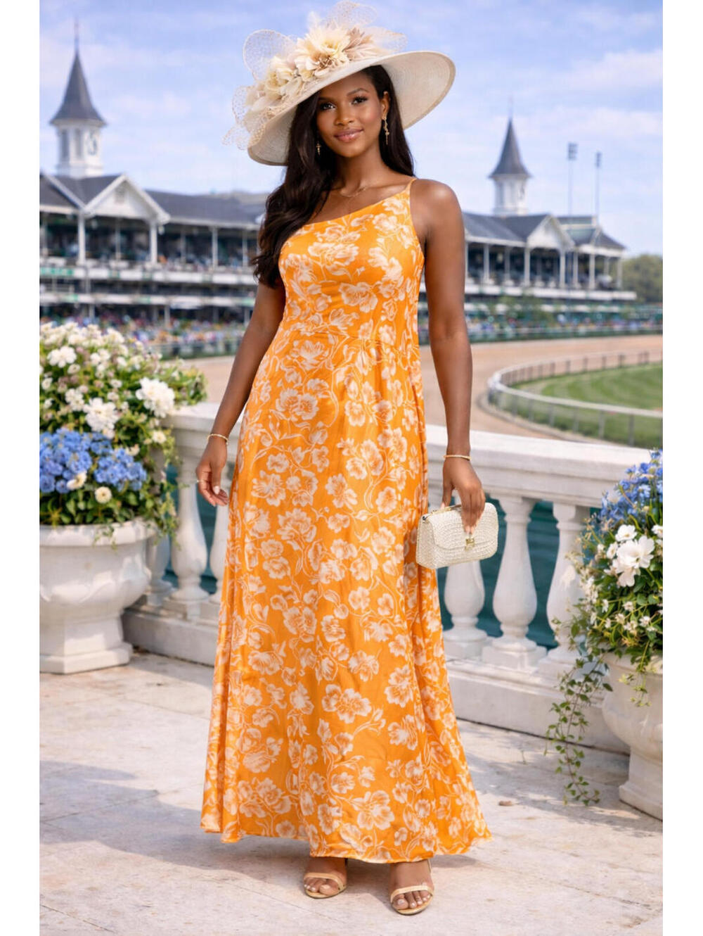 Hermoza Giulia One Shoulder Dress L Orange Floral Sicilian Blossom Maxi Resort N